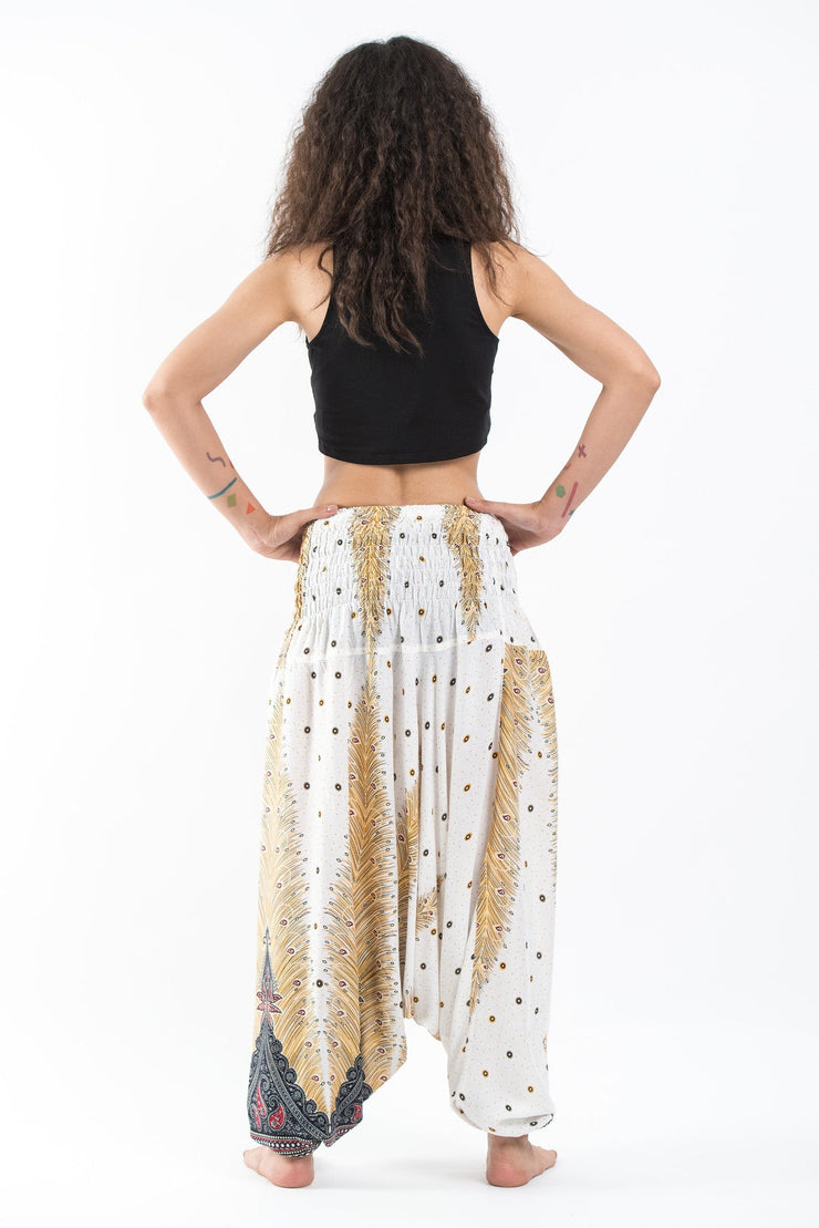 Peacock Feathers 2-in-1 Jumpsuit Harem Pants in White