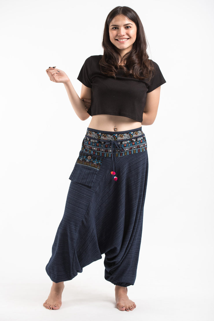 Pinstripe Cotton Low Cut Women's Harem Pants with Elephant Trim in Navy