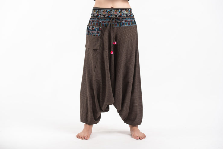 Pinstripe Cotton Low Cut Women's Harem Pants with Elephant Trim in Brown