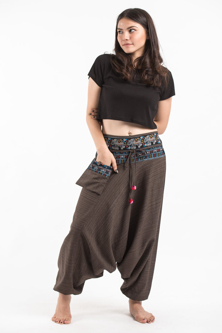 Pinstripe Cotton Low Cut Women's Harem Pants with Elephant Trim in Brown