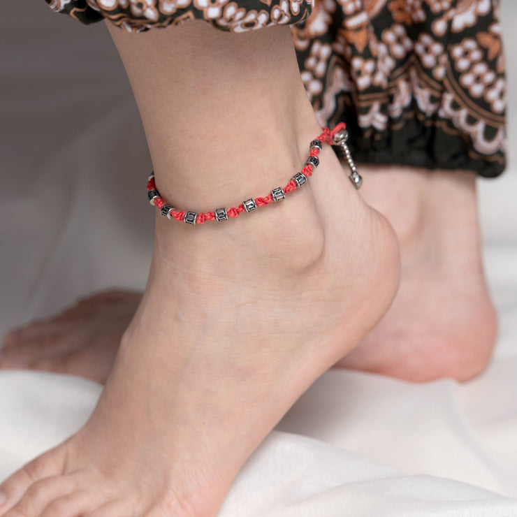 Hand Made Fair Trade Anklet Waxed Cotton Silver Beads Red