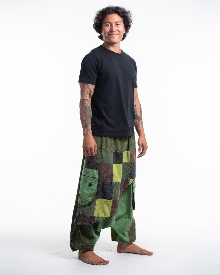 Men's Patchwork Stone Washed Low Cut Cotton Pants in Green 02