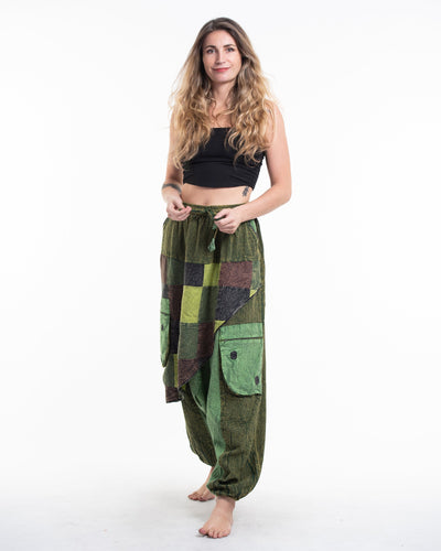 Women's Patchwork Stone Washed Low Cut Cotton Pants in Green 02