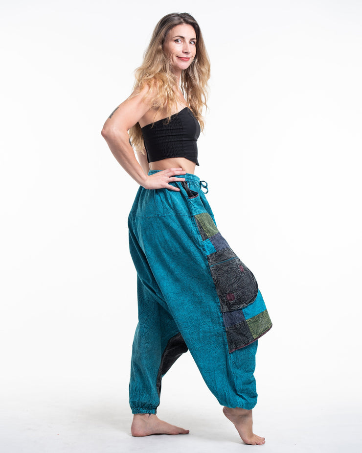 Women's Patchwork Stone Washed Low Cut Cotton Pants in Blue 02