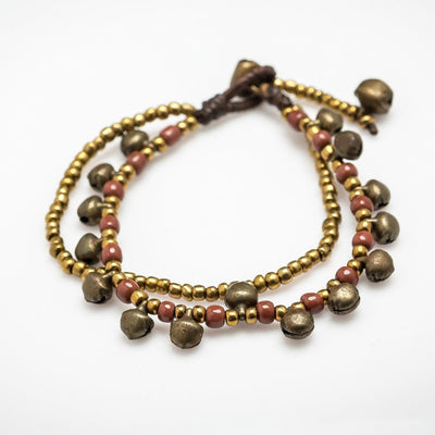 Brass Bell And Plum Bead Double Strand Bracelets