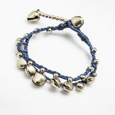 Silver Color Bell Waxed Cotton Bracelets in Blue