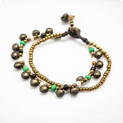 Brass Bell And Multi Bead Double Strand Bracelets