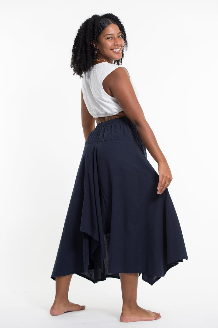 Solid Color Cotton Handkerchief Midi Skirt in Navy