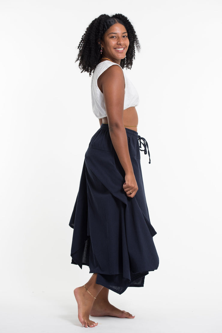 Solid Color Cotton Handkerchief Midi Skirt in Navy