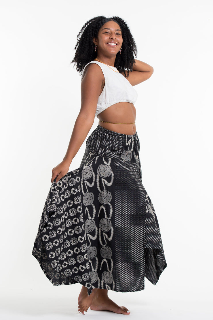 Daisy Dot Prints Cotton Handkerchief Midi Skirt in Black