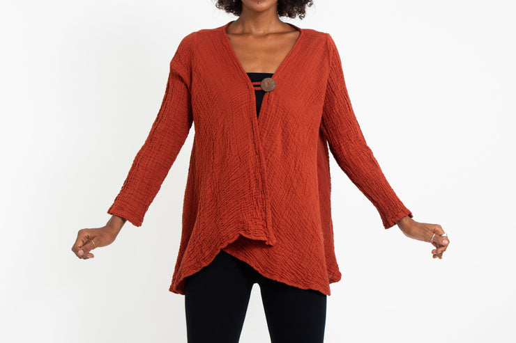 Women's Crinkled Hill Tribe Cotton Cardigan in Brick