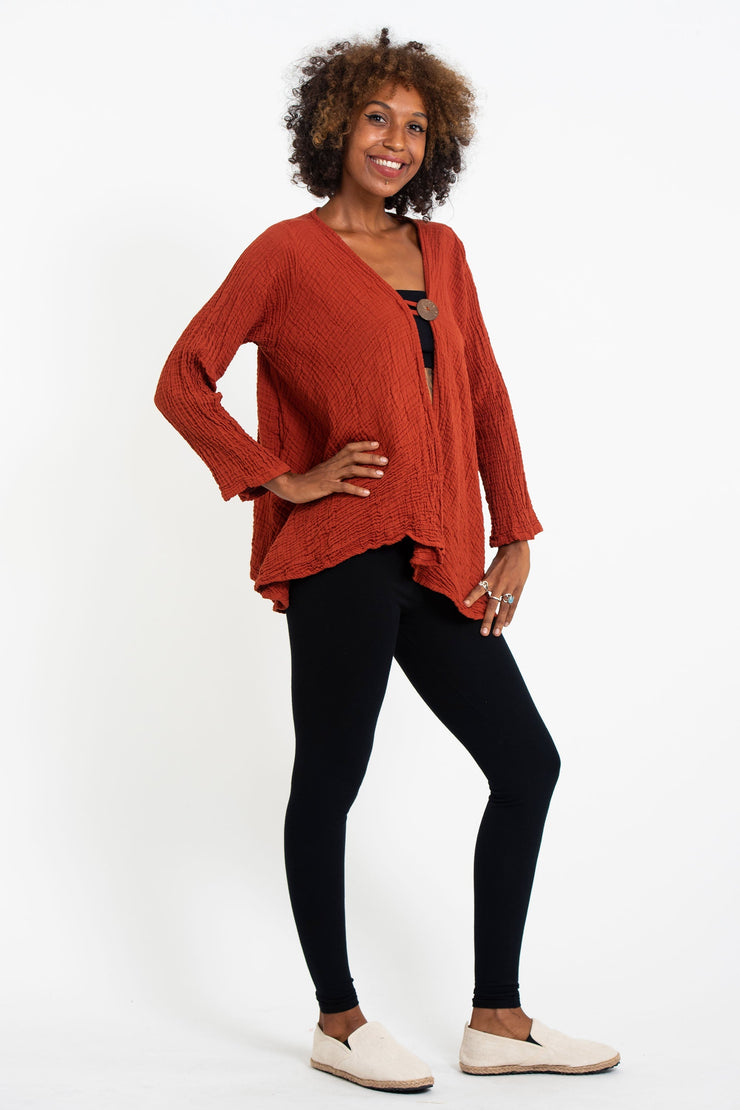 Women's Crinkled Hill Tribe Cotton Cardigan in Brick