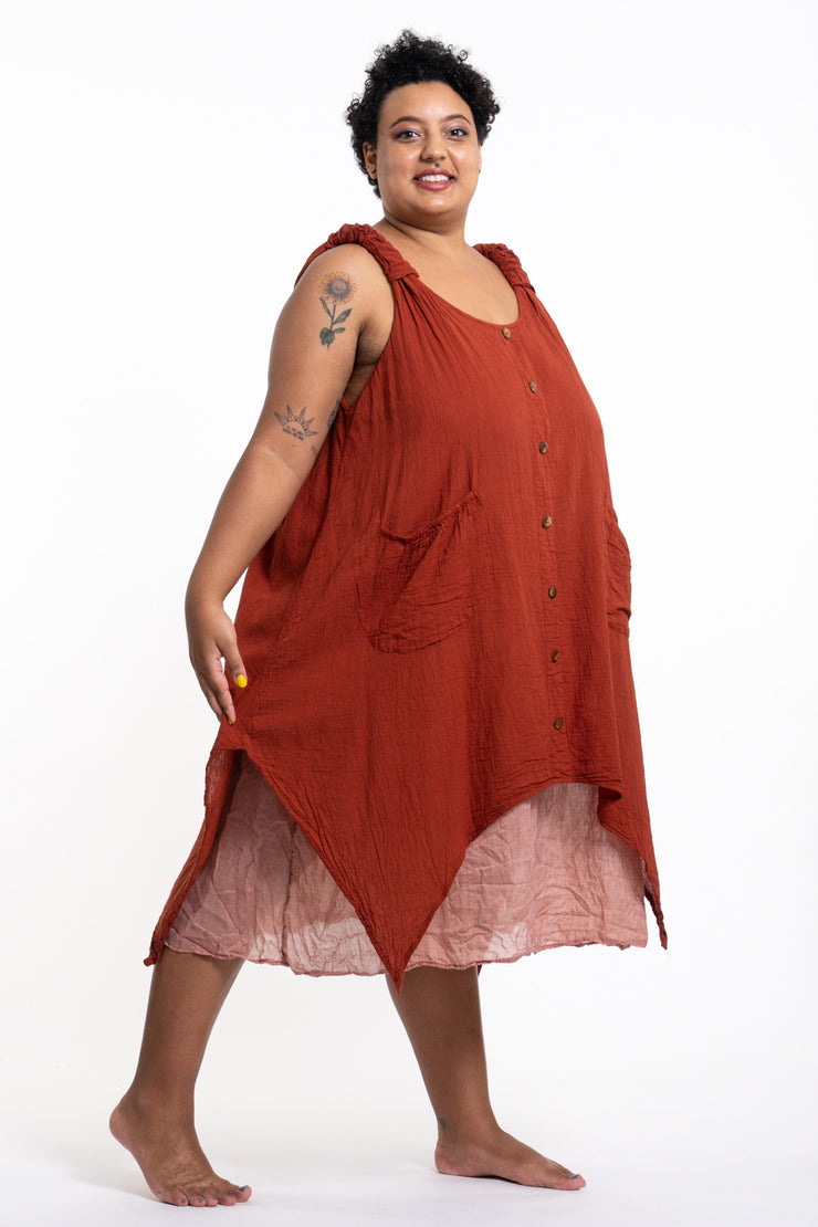 Plus Size Women's Crinkled Hill Tribe Cotton Tank Dress in Brick