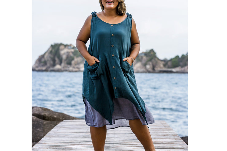 Plus Size Women's Crinkled Hill Tribe Cotton Tank Dress in Teal