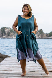 Plus Size Women's Crinkled Hill Tribe Cotton Tank Dress in Teal