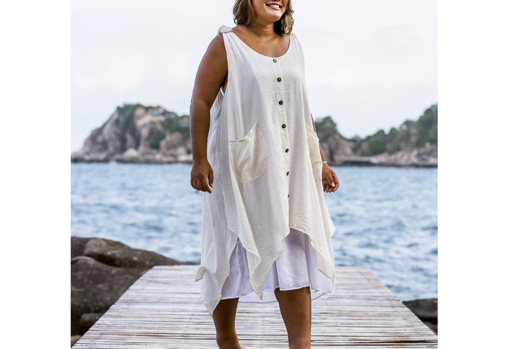 Plus Size Women's Crinkled Hill Tribe Cotton Tank Dress in Off White