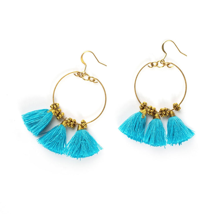 Circle Blue Tassels Brass Earrings