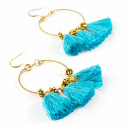 Circle Blue Tassels Brass Earrings