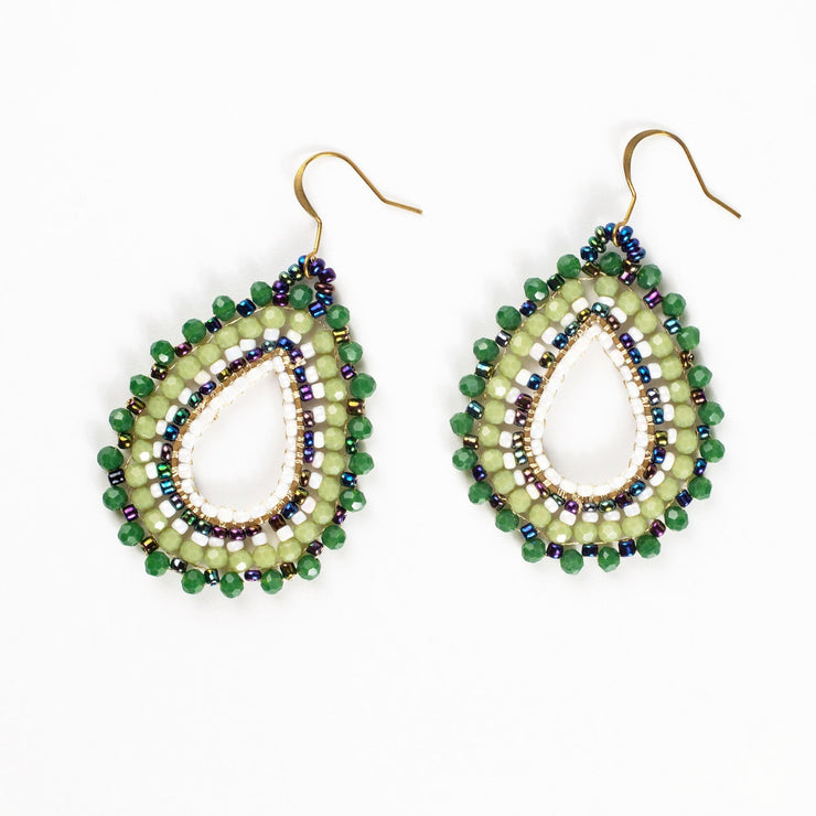 Oval Green Beads Brass Earrings