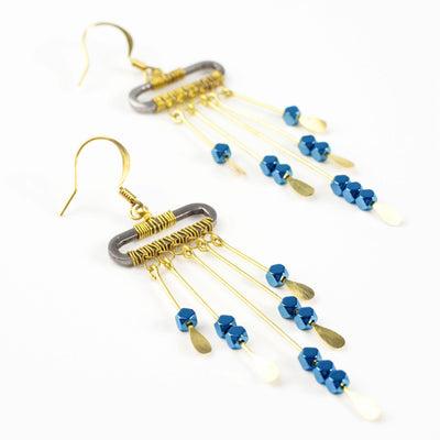 Blue Beads Bar Brass Earrings