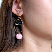 Oval Beaded Fabric Ball Earrings in Black