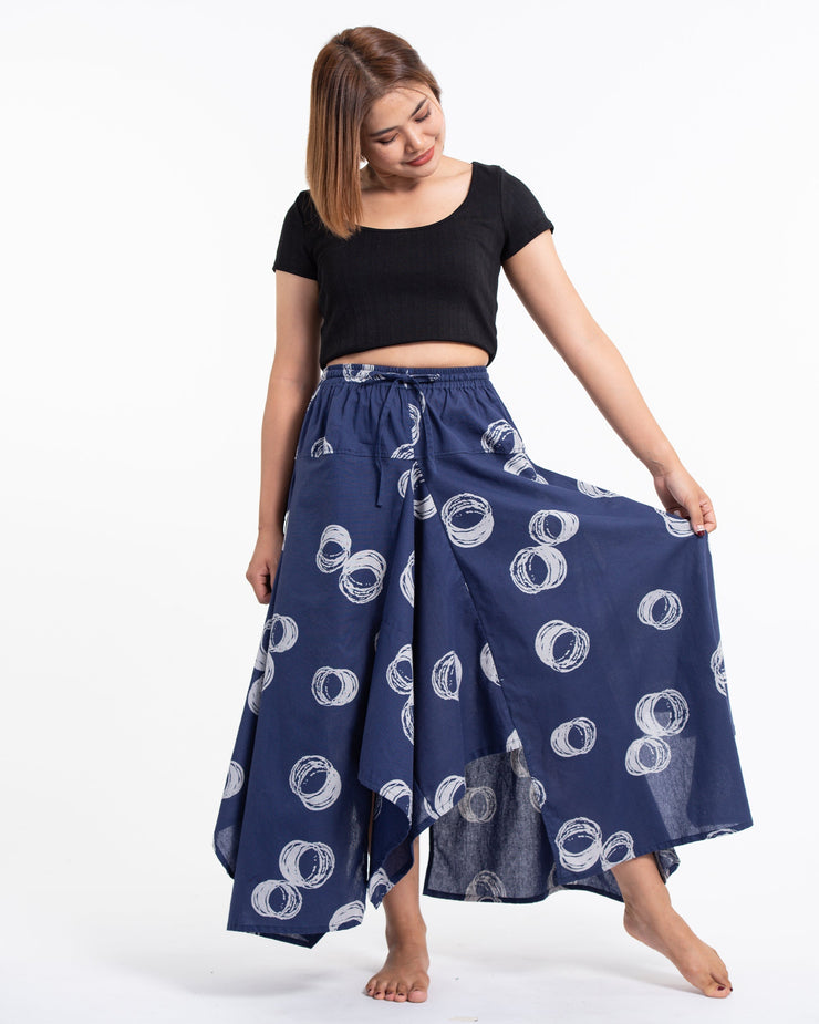 Circles Prints Cotton Handkerchief Midi Skirt in Navy