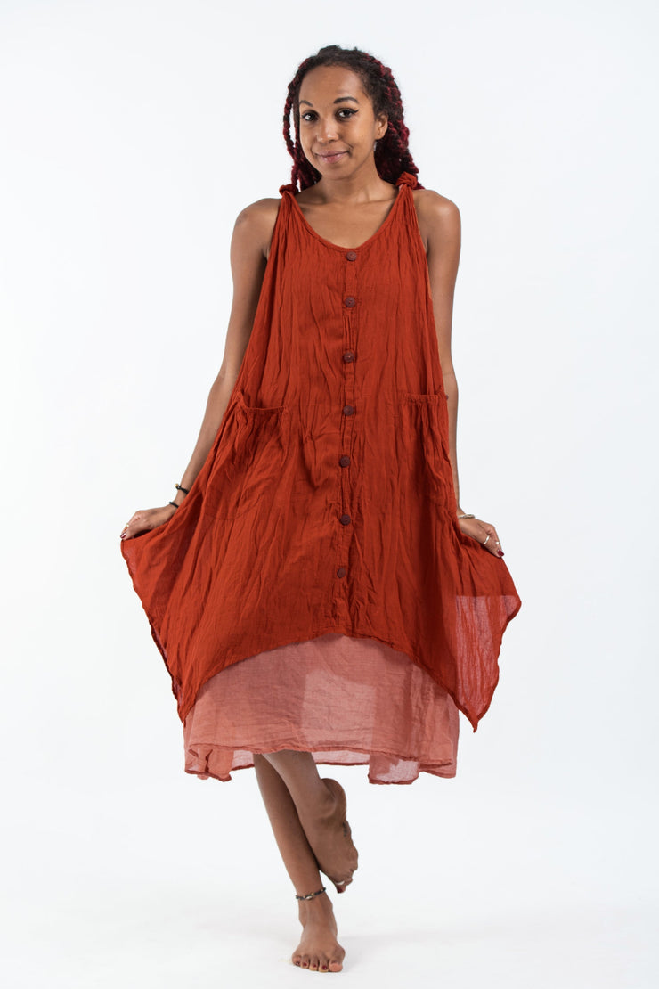 Crinkled Hill Tribe Cotton Tank Dress in Brick