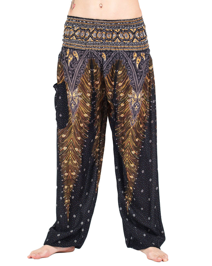 Peacock Feathers Women's Harem Pants in Black