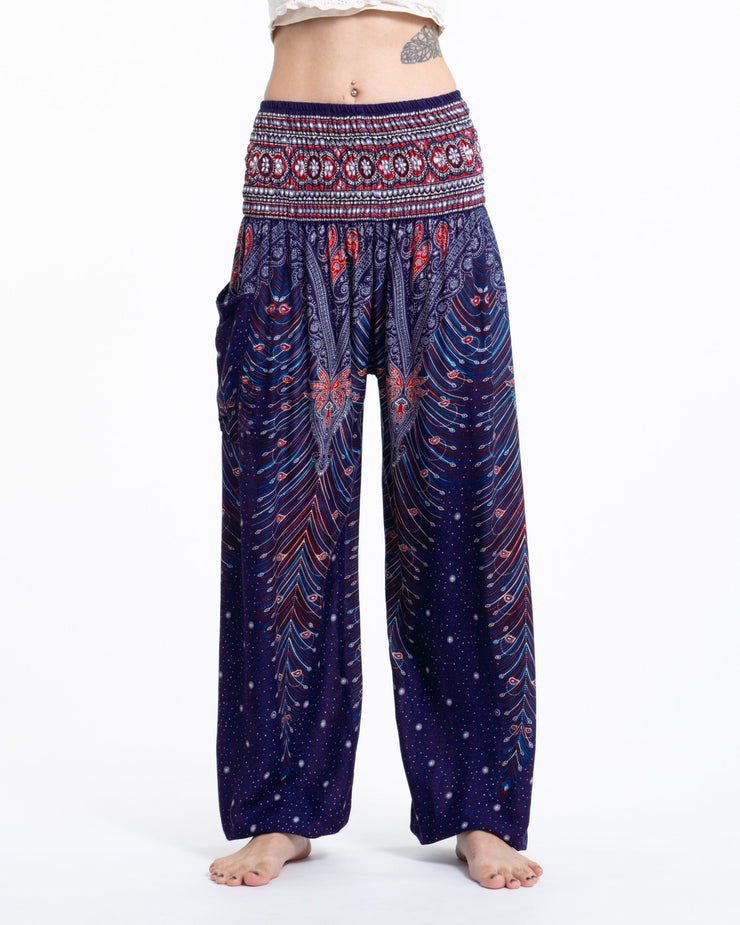 Peacock Feathers Women's Harem Pants in Blue