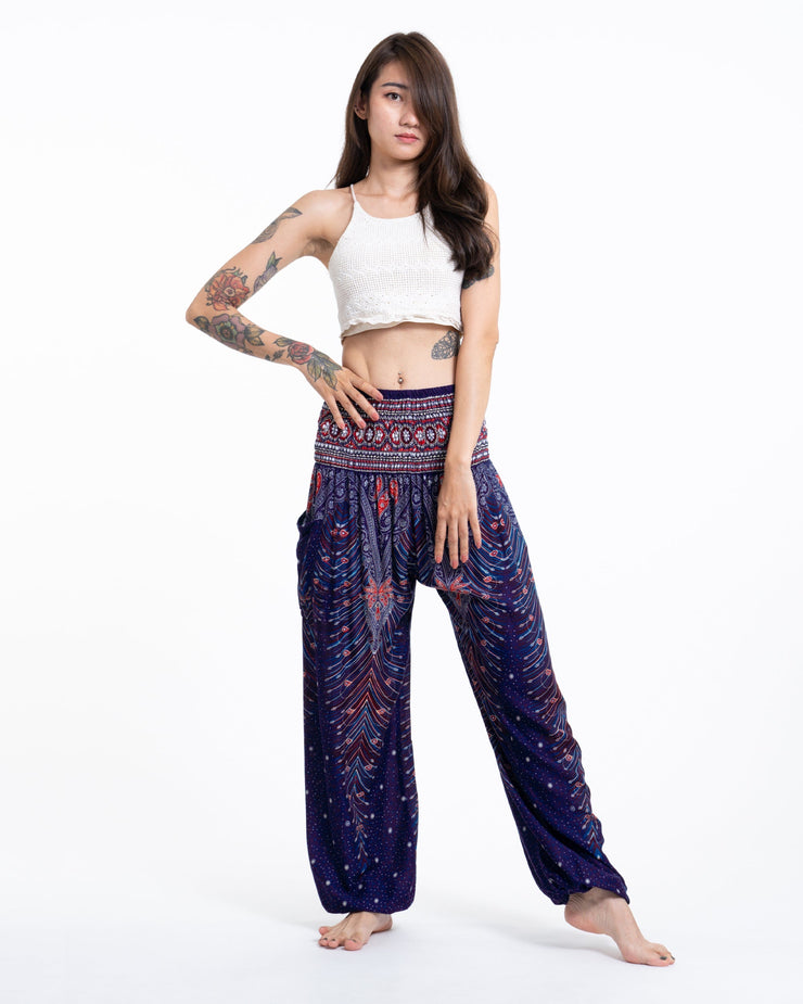 Peacock Feathers Women's Harem Pants in Blue