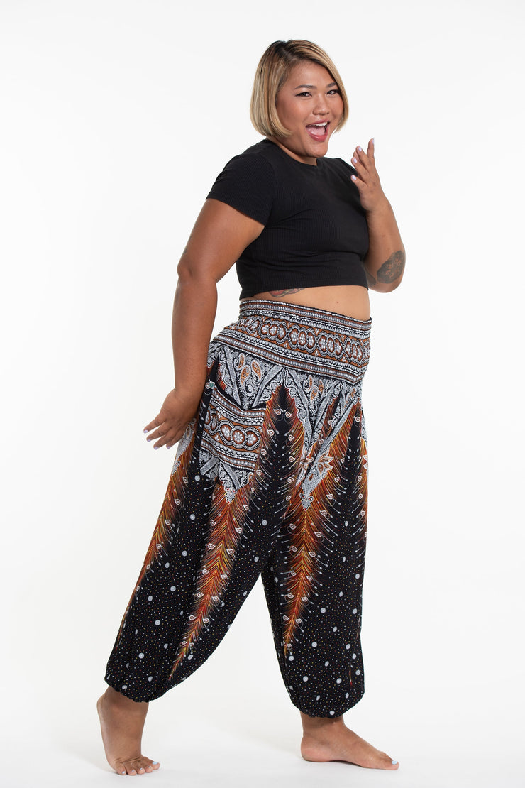 Plus Size Peacock Feathers Women's Harem Pants in Black