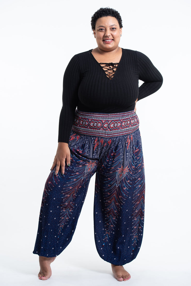 Plus Size Peacock Feathers Women's Harem Pants in Blue