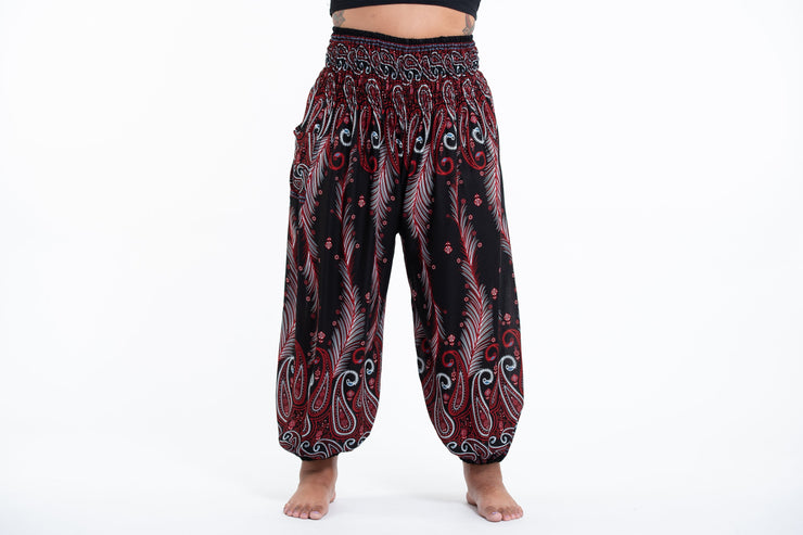 Plus Size Paisley Feathers Women's Harem Pants in Black