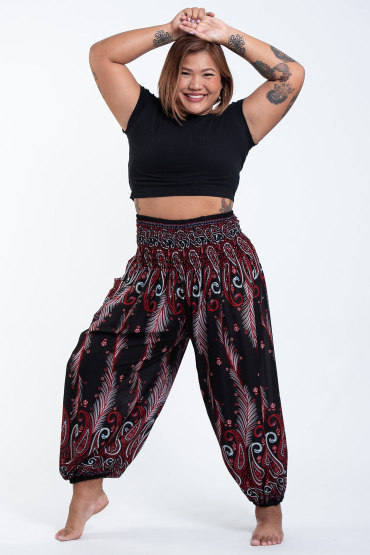 Plus Size Paisley Feathers Women's Harem Pants in Black