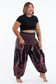 Plus Size Paisley Feathers Women's Harem Pants in Black