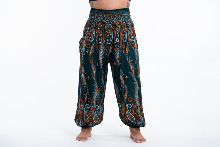 Plus Size Paisley Feathers Women's Harem Pants in Green