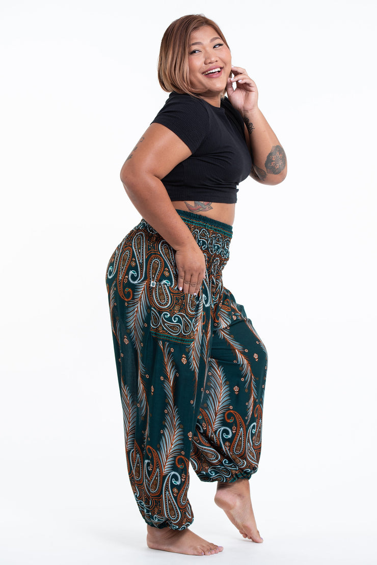 Plus Size Paisley Feathers Women's Harem Pants in Green