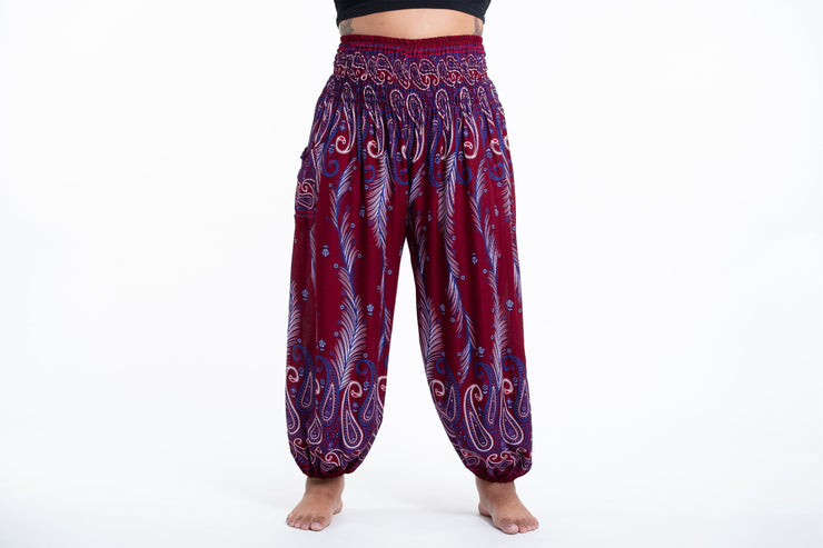 Plus Size Paisley Feathers Women's Harem Pants in Red