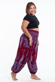 Plus Size Paisley Feathers Women's Harem Pants in Red