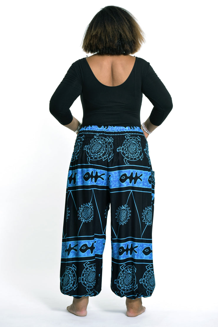 Plus Size Turtle Print Women's Harem Pants in Blue