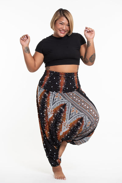 Plus Size Peacock Feathers 2-in-1 Jumpsuit Harem Pants in Black