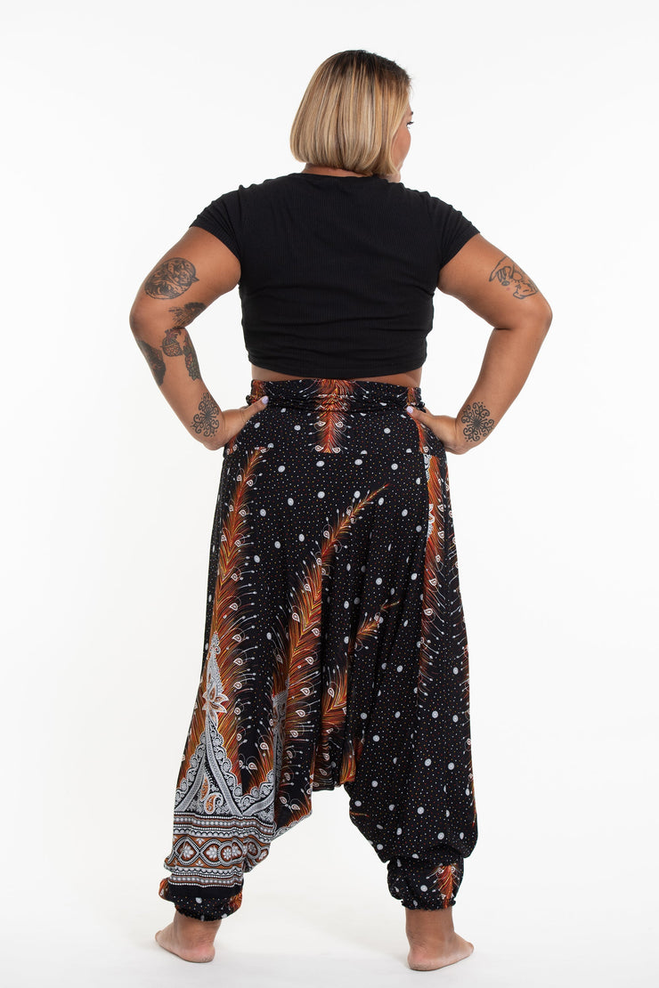 Plus Size Peacock Feathers 2-in-1 Jumpsuit Harem Pants in Black