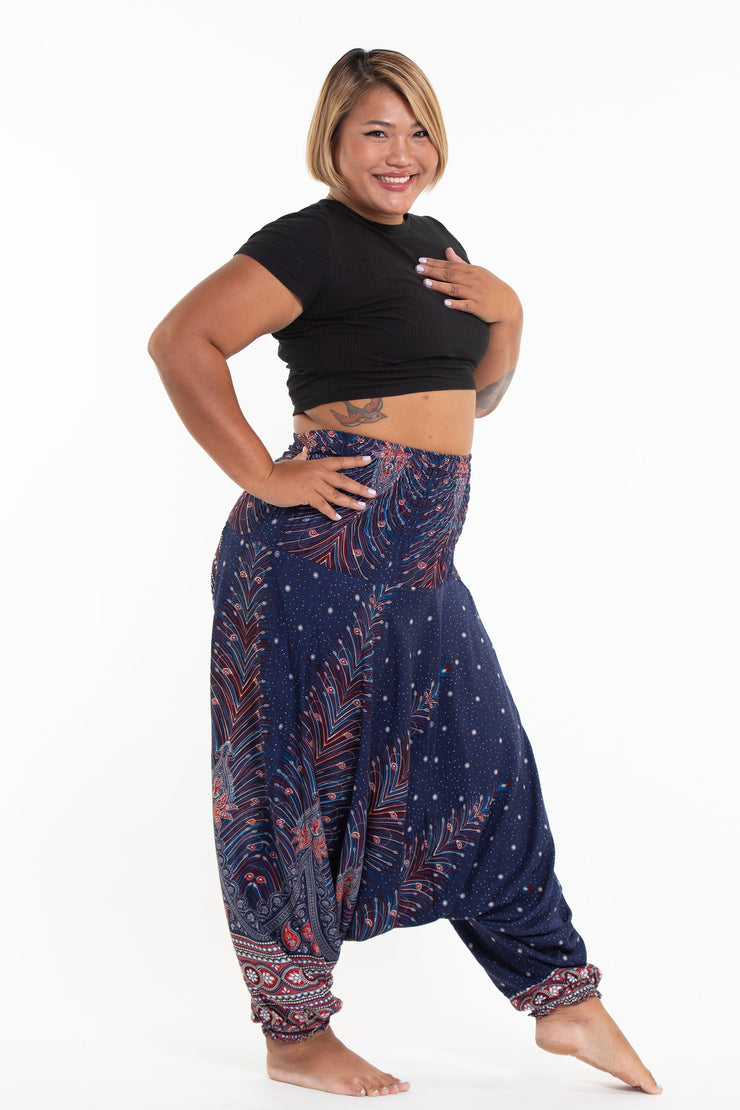 Plus Size Peacock Feathers 2-in-1 Jumpsuit Harem Pants in Blue