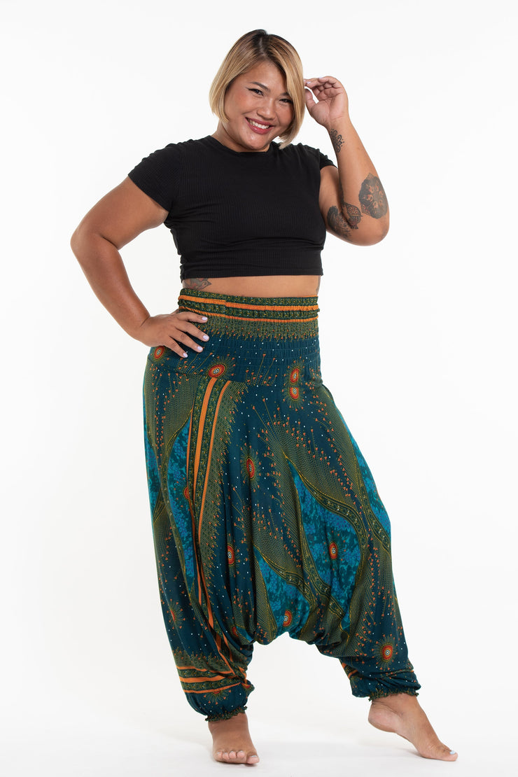 Plus Size Peacock Eyes 2-in-1 Jumpsuit Harem Pants in Turquoise