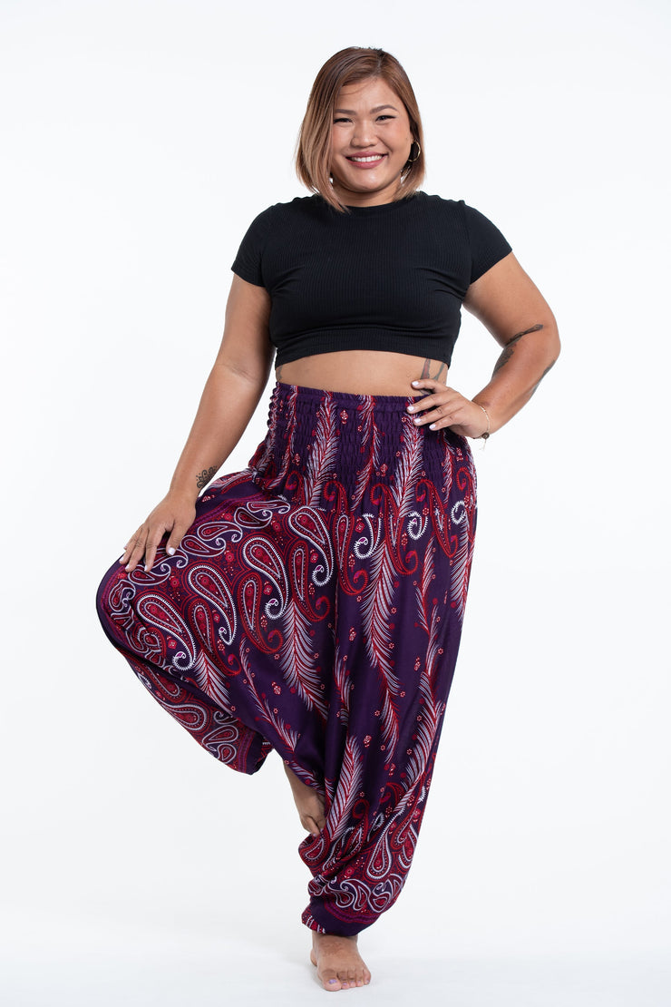 Plus Size Paisley Feathers 2-in-1 Jumpsuit Harem Pants in Purple