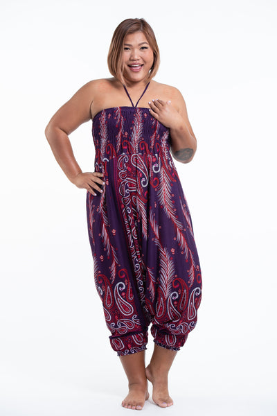 Plus Size Paisley Feathers 2-in-1 Jumpsuit Harem Pants in Purple