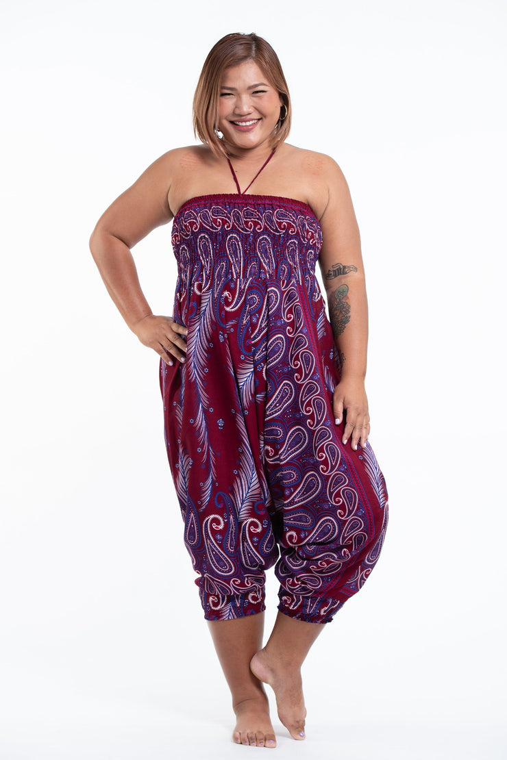 Plus Size Paisley Feathers 2-in-1 Jumpsuit Harem Pants in Red