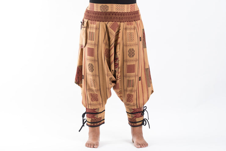 Plus Size Thai Hill Tribe Fabric Women Harem Pants with Ankle Straps in Beige