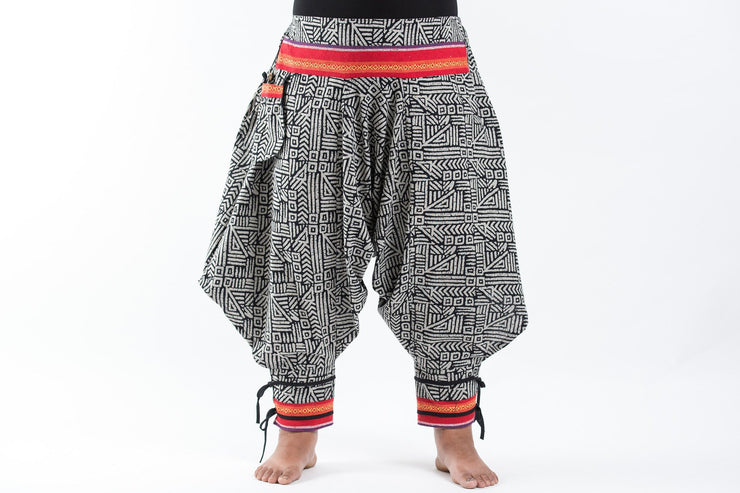 Plus Size Woven Prints Thai Hill Tribe Fabric Women Harem Pants with Ankle Straps in Black