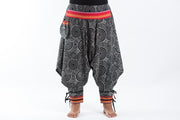 Plus Size Swirls Prints Thai Hill Tribe Fabric Women Harem Pants with Ankle Straps in Black